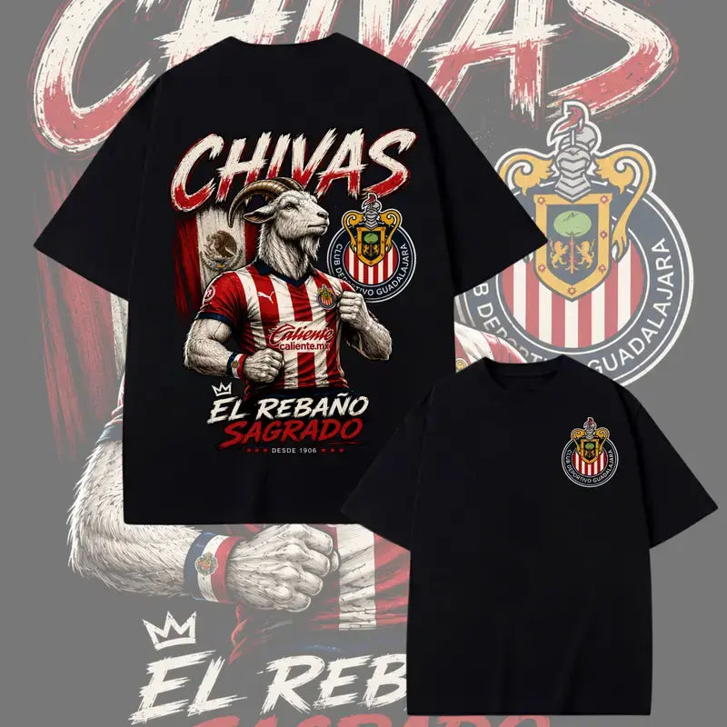 Men's Chivas Guadalajara Round Neck T-Shirt - Stylish Streetwear Sports Soccer Fashion, Casual Liga MX Fan Apparel with El Rebaño Sagrado Goat Graphic, Striped Short Sleeves, Graphic Print, Unisex, Standard Sizes, Shortsleeve, Tshirt, Casual Fit, Football