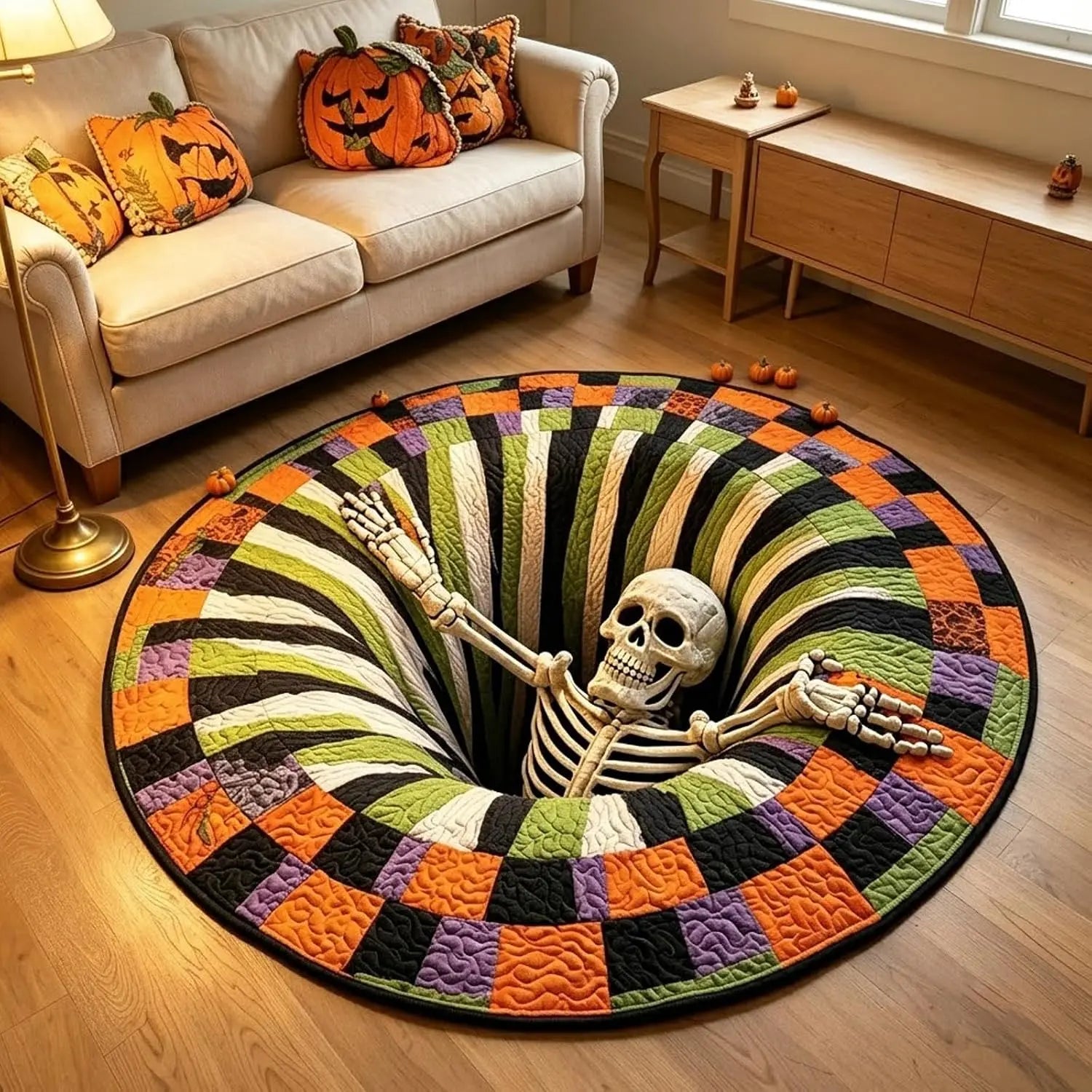 3D Skeleton Vortex Optical Illusion Round Rug, Soft Non-Slip Halloween Mat for Living Room & Indoor Decor