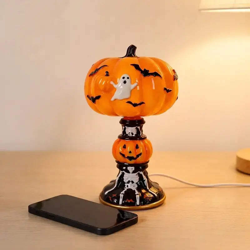 Retro Pumpkin & Bat Halloween Nightstand Lamp