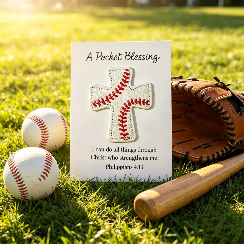 Handmade Baseball Pocket Cross with Philippians 4:13 Verse Card, Christian Gift for Players, Coaches & Baseball Fans