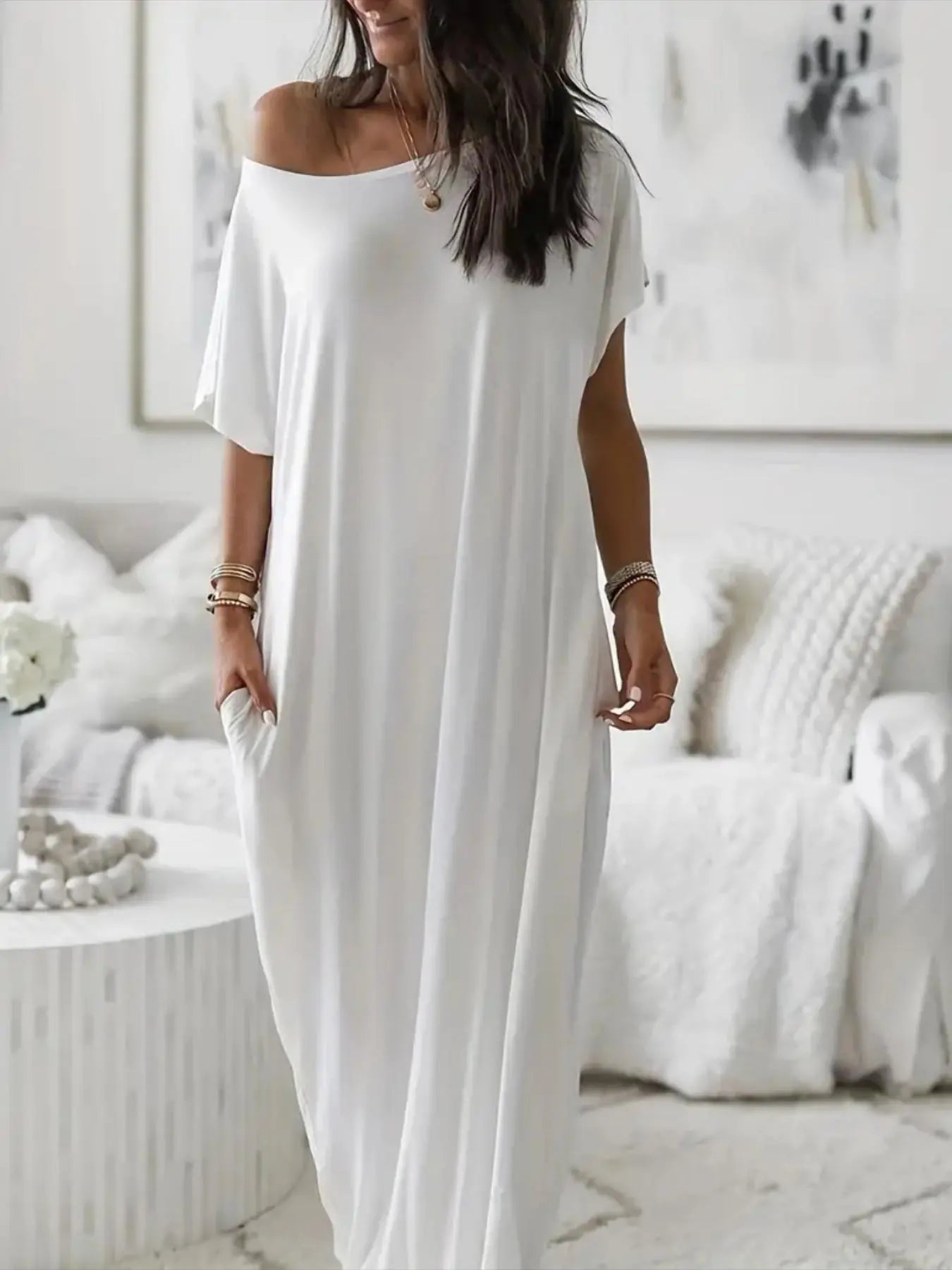 Women's Solid Color Batwing Sleeve Lounge Dress, Casual Short Sleeve Nightdress for Daily Wear & All Seasons Comfort