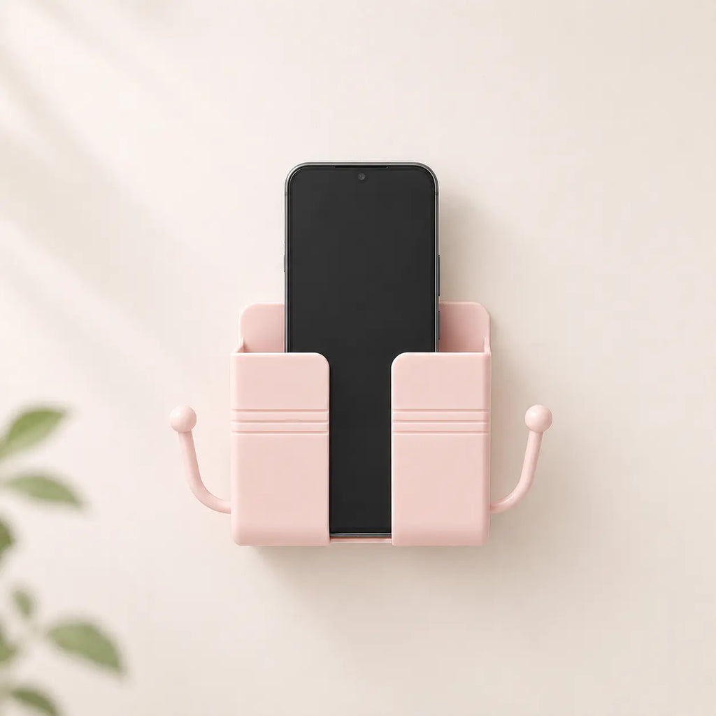 Pink-Self-Adhesive Wall-Mounted Phone Holder & Remote Control Organizer — No-Drill, Multifunctional Wall Storage Rack. Ideal for Bedrooms, Bathrooms, and Kitchens; Holds Mobile Phones (including while charging), TV/AC Remotes, Glasses, and Keys.