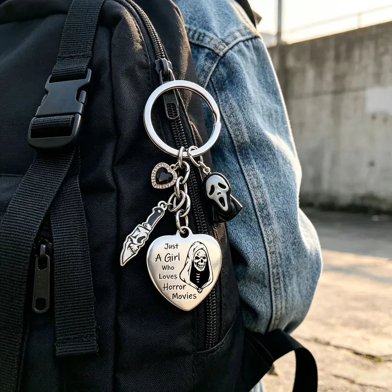 “Just a Girl Who Loves Horror Movies” Gothic Heart Keychain