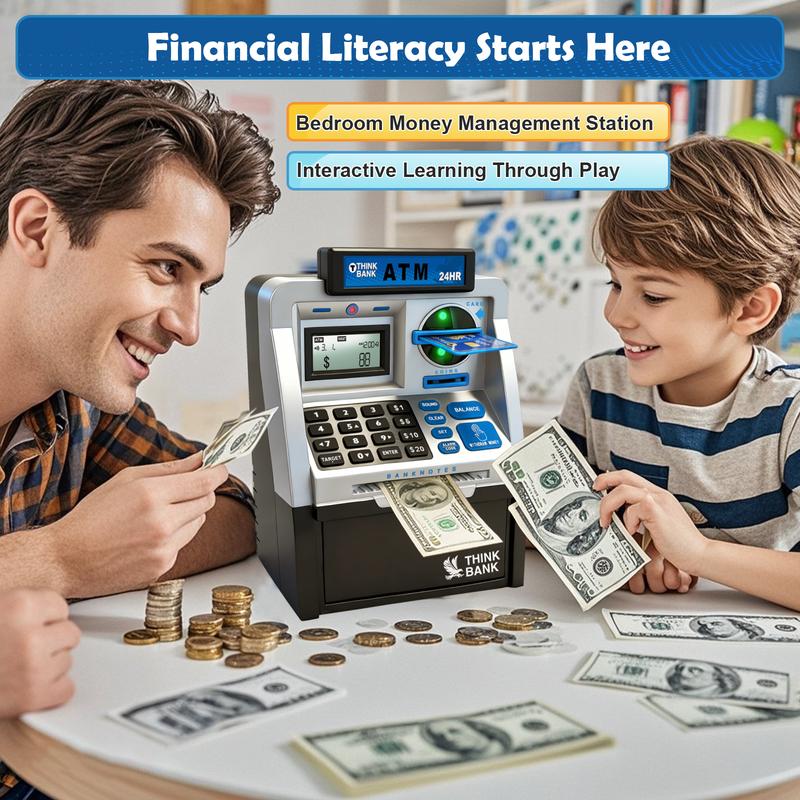 Kids ATM Piggy Bank with Password, Coin & Bill Savings Toy with Keypad & Cards for Birthday Gifts