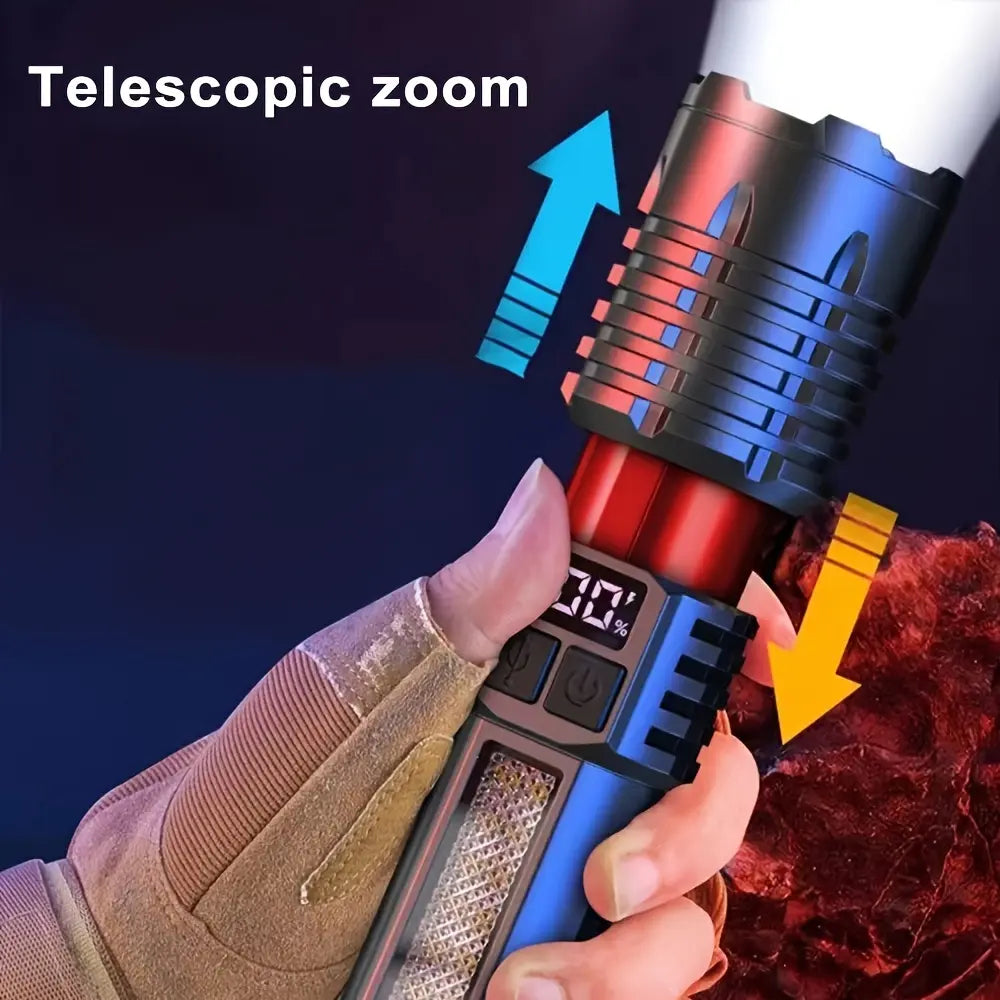 Rechargeable LED Flashlight with 5 Modes, Zoomable Beam & LCD Digital Display for Camping, Hiking, Fishing & Emergency Use