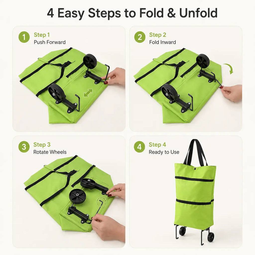 Foldable Shopping Trolley Bag with Wheels, Reusable Rolling Grocery Tote for Supermarket, Travel & Laundry
