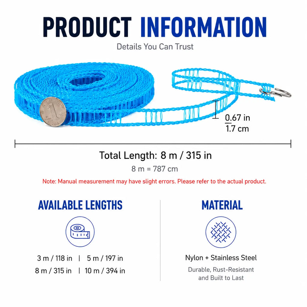 3-Pack Adjustable Non-Slip Clothesline – 196.85 in