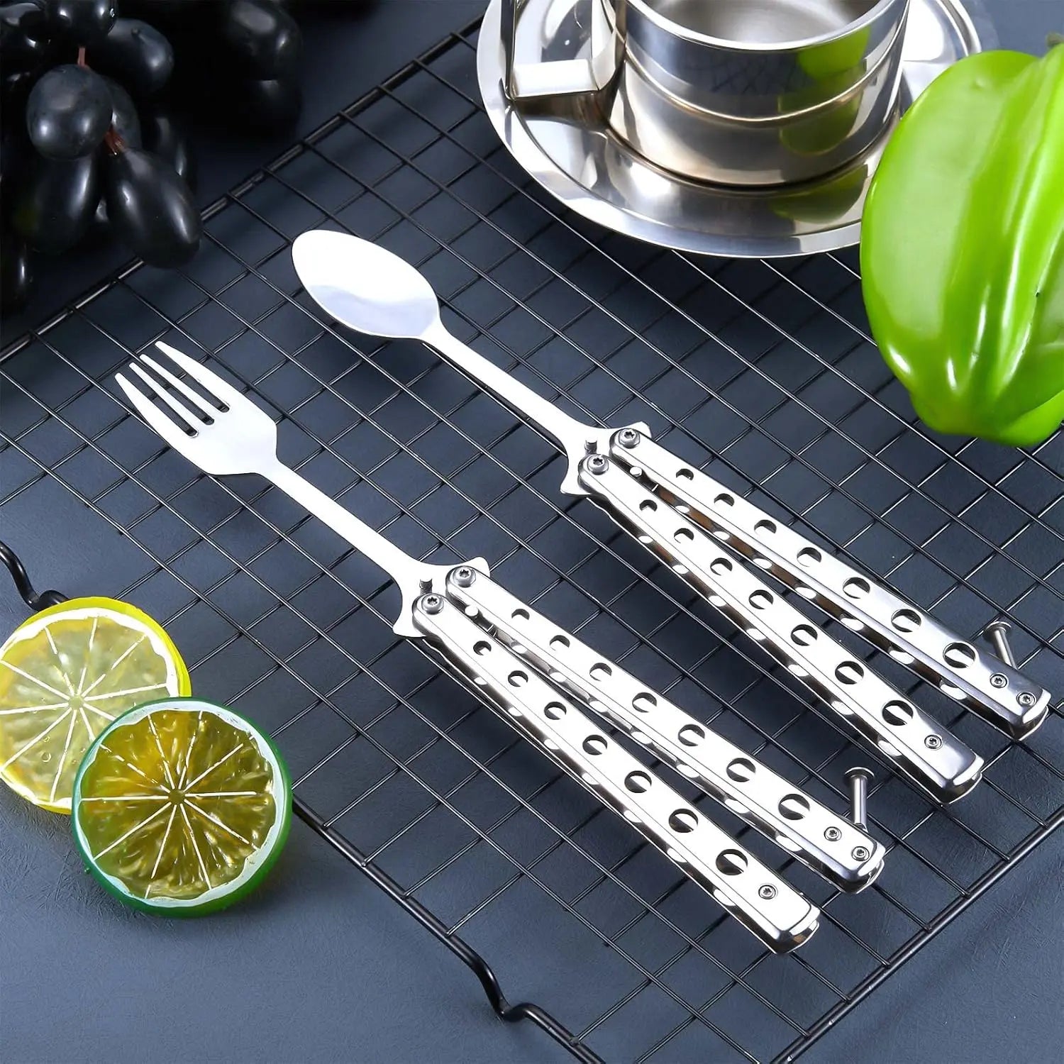 2-Piece Folding Stainless Steel Butterfly Fork & Spoon Set for Camping, Travel, BBQ & Kitchen Use