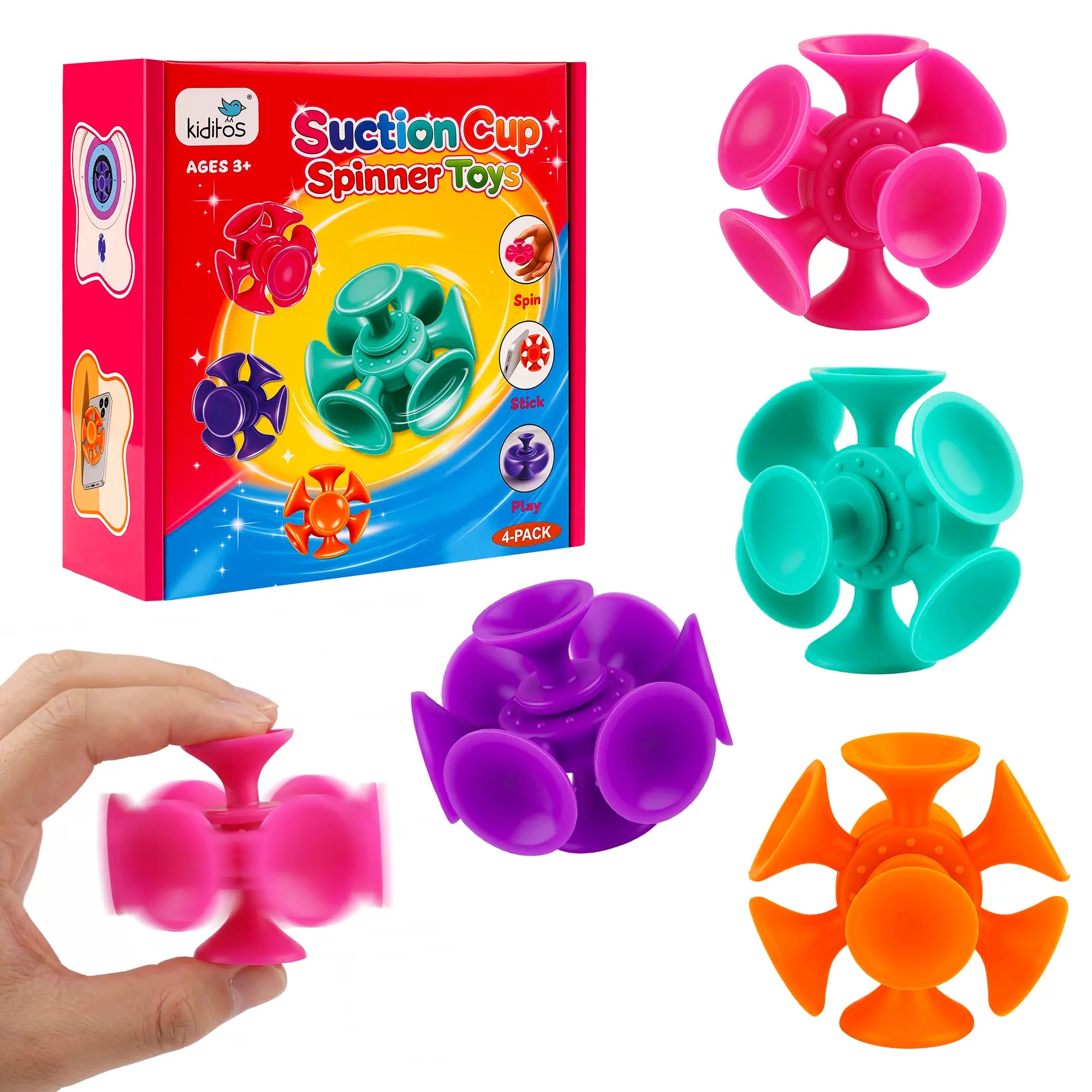 4-Pack Suction Cup Spinner Sensory Toys, Stick-and-Spin Fidget Toys for Toddlers, Travel, Bath & Desk Play