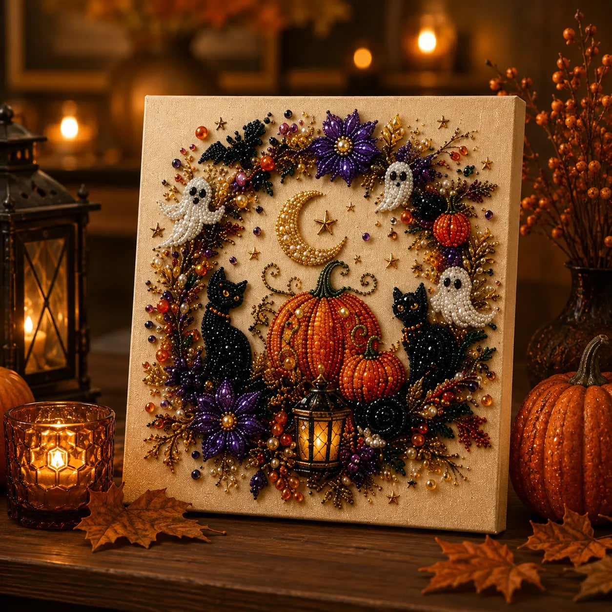 Halloween 5D Diamond Painting Kit with Tools, DIY Gem Art Canvas for Adults & Teens, Pumpkin Ghost Witch Cat Wall Decor Craft