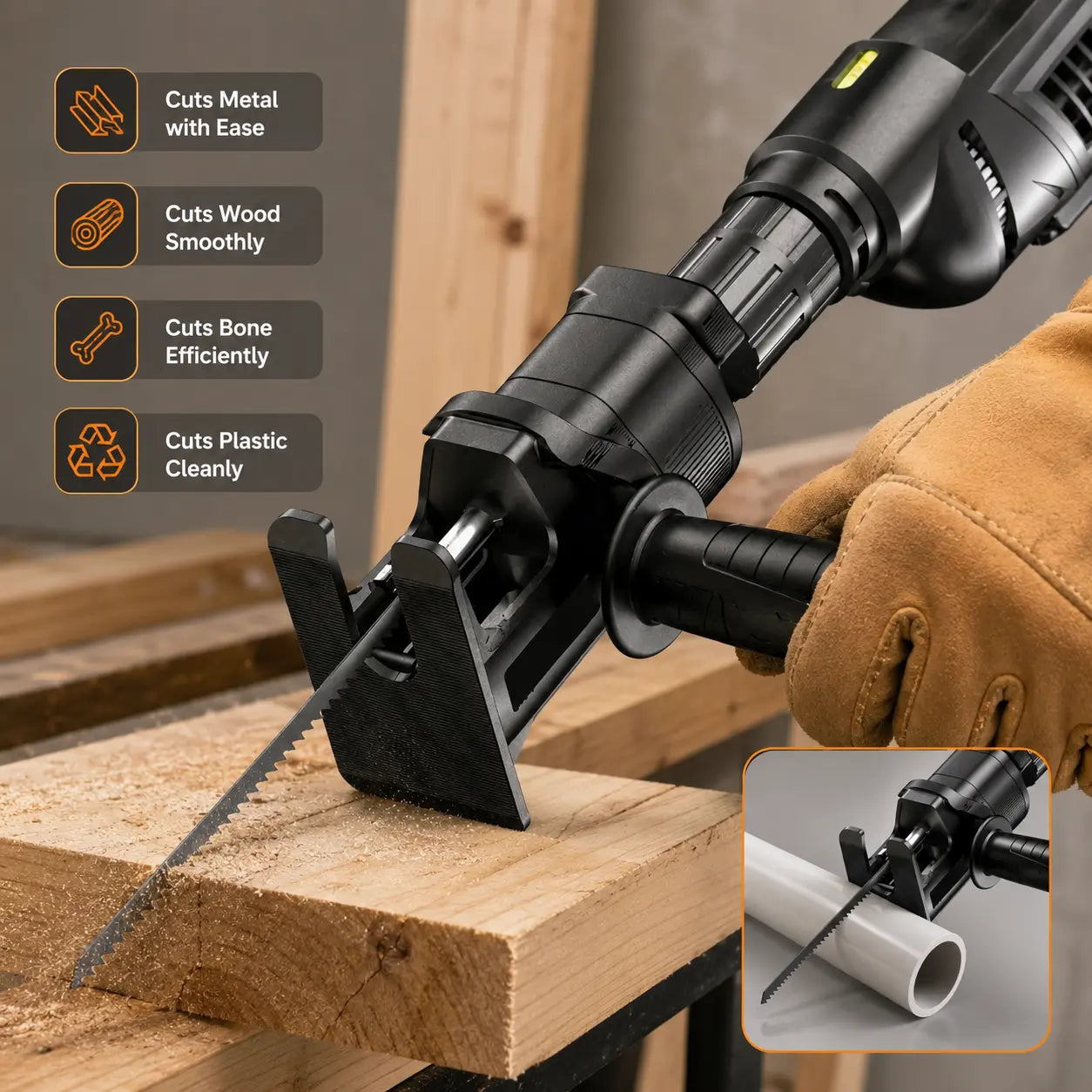 1 Count Reciprocating Saw Attachment for Drill, DIY Tool for Home Renovation, Wood & PVC Cutting Helper