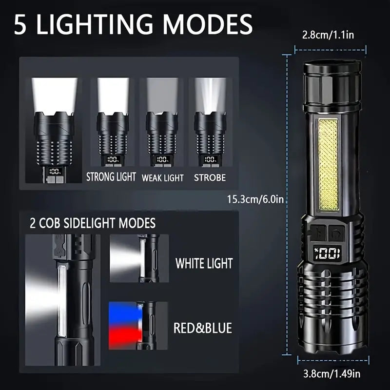 Rechargeable LED Flashlight with 5 Modes, Zoomable Beam & LCD Digital Display for Camping, Hiking, Fishing & Emergency Use