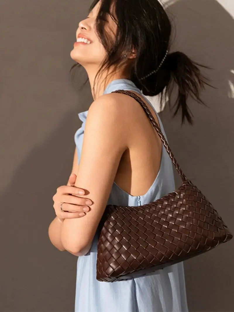Handmade Woven Beach Bag, 2026 New Luxury Crossbody Shoulder Bag, Casual Plain Design, All Seasons, 18 Colors, Includes Inner Pouch