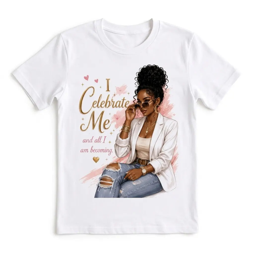 “I Celebrate Me” Metallic Gold Graphic T-Shirt, Soft Cotton Unisex Casual Tee for Men & Women