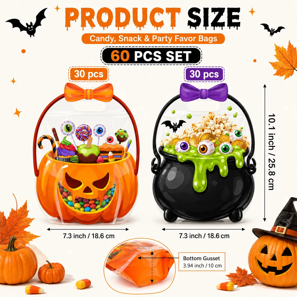 Halloween Plastic Goodie Bags with Pumpkin, Skull, Cat & Skeleton Designs for Candy, Classroom & Party Favors