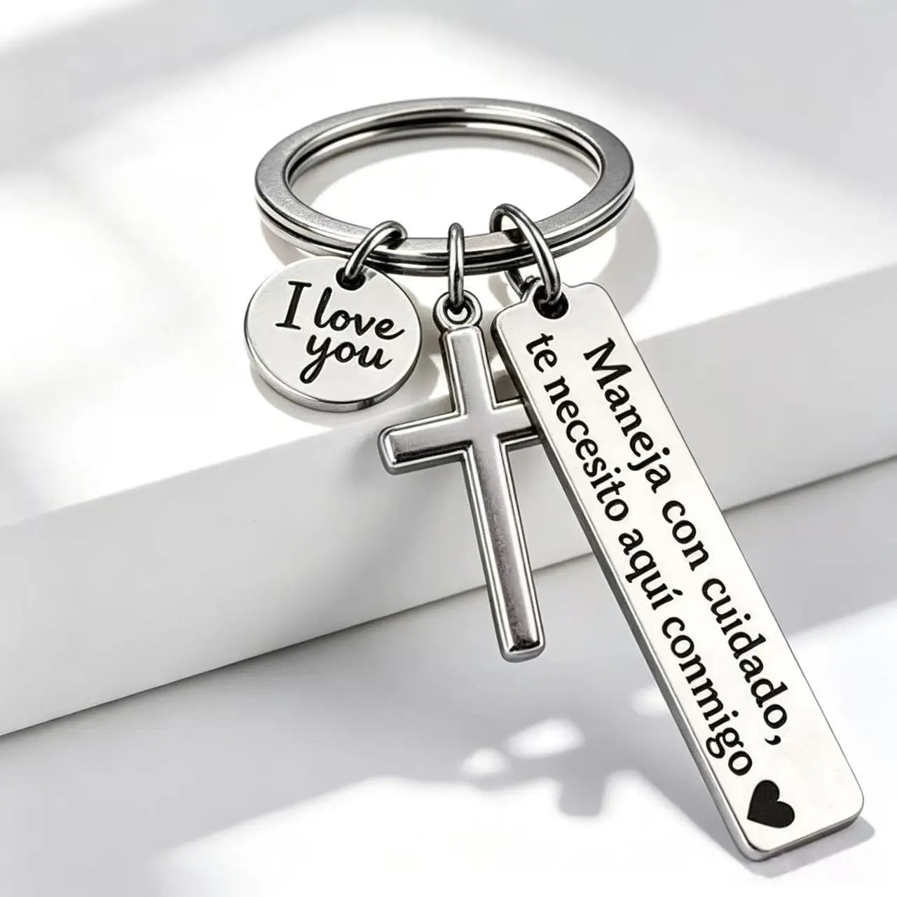 Spanish "Te Necesito Aquí Conmigo" Religious Drive Safe Keyring for Him/Her