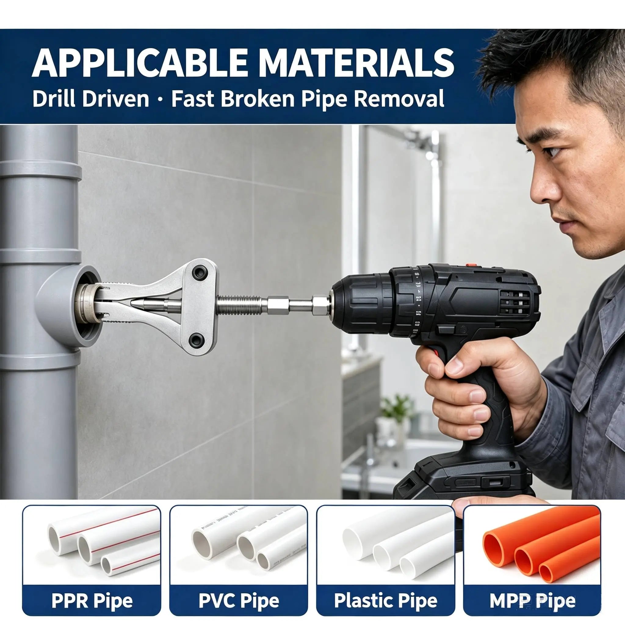 Universal Broken Pipe Extractor with Adjustable Jaws, Hex Shank Removal Tool for 1/2", 3/4" & 1" Pipes, Screws & Faucets