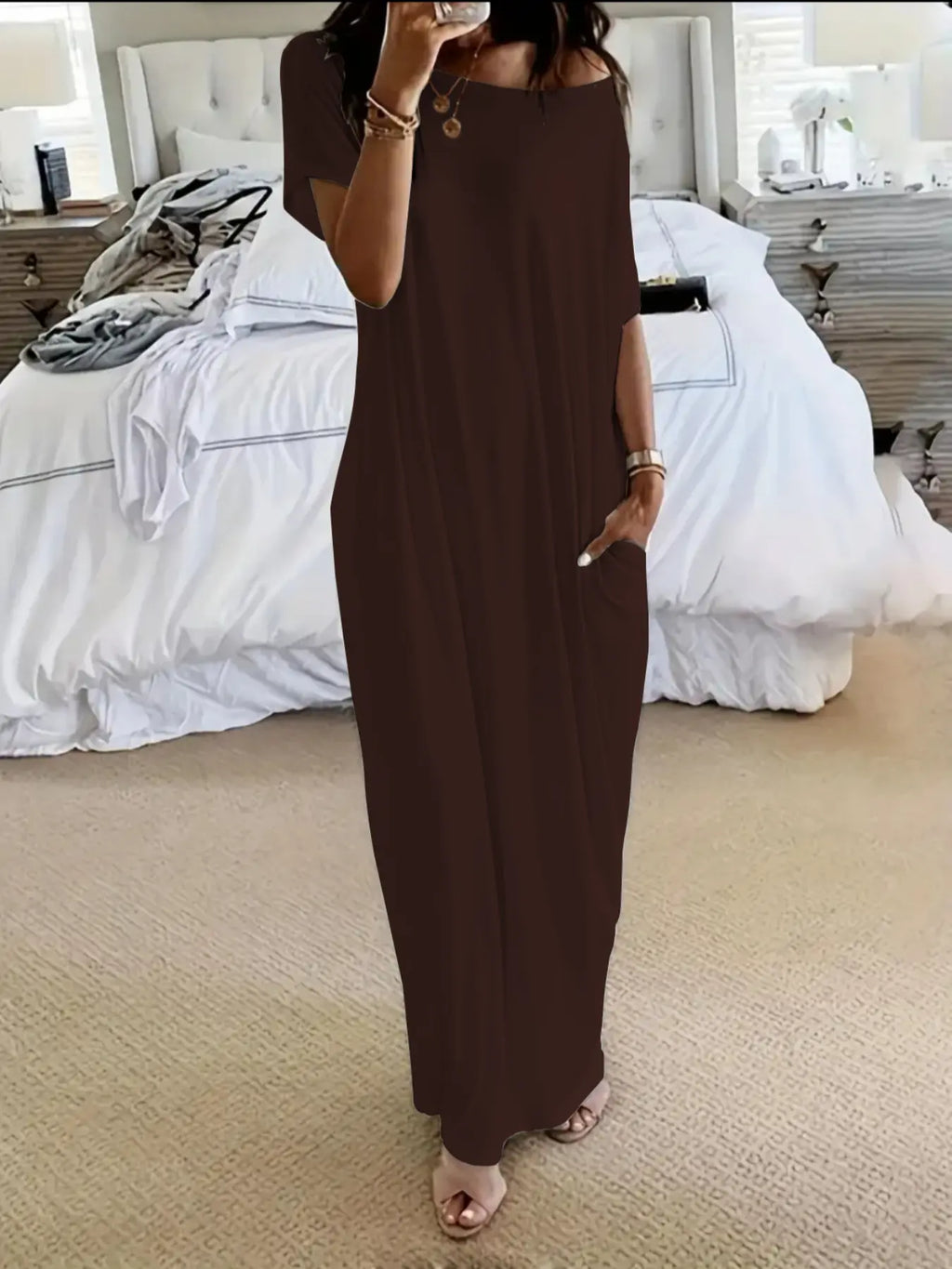 Women's Solid Color Batwing Sleeve Lounge Dress, Casual Short Sleeve Nightdress for Daily Wear & All Seasons Comfort