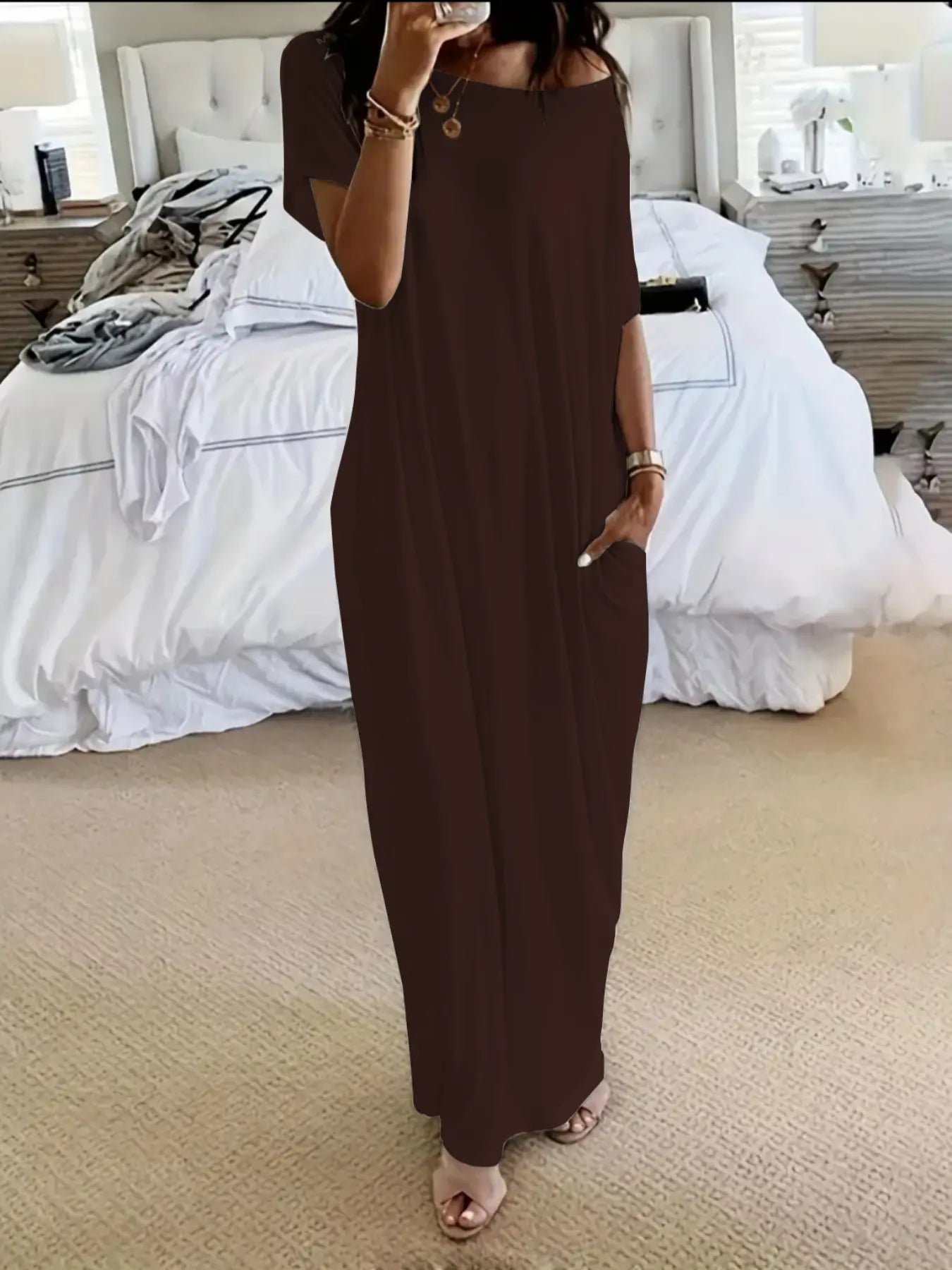 Women's Solid Color Batwing Sleeve Lounge Dress, Casual Short Sleeve Nightdress for Daily Wear & All Seasons Comfort