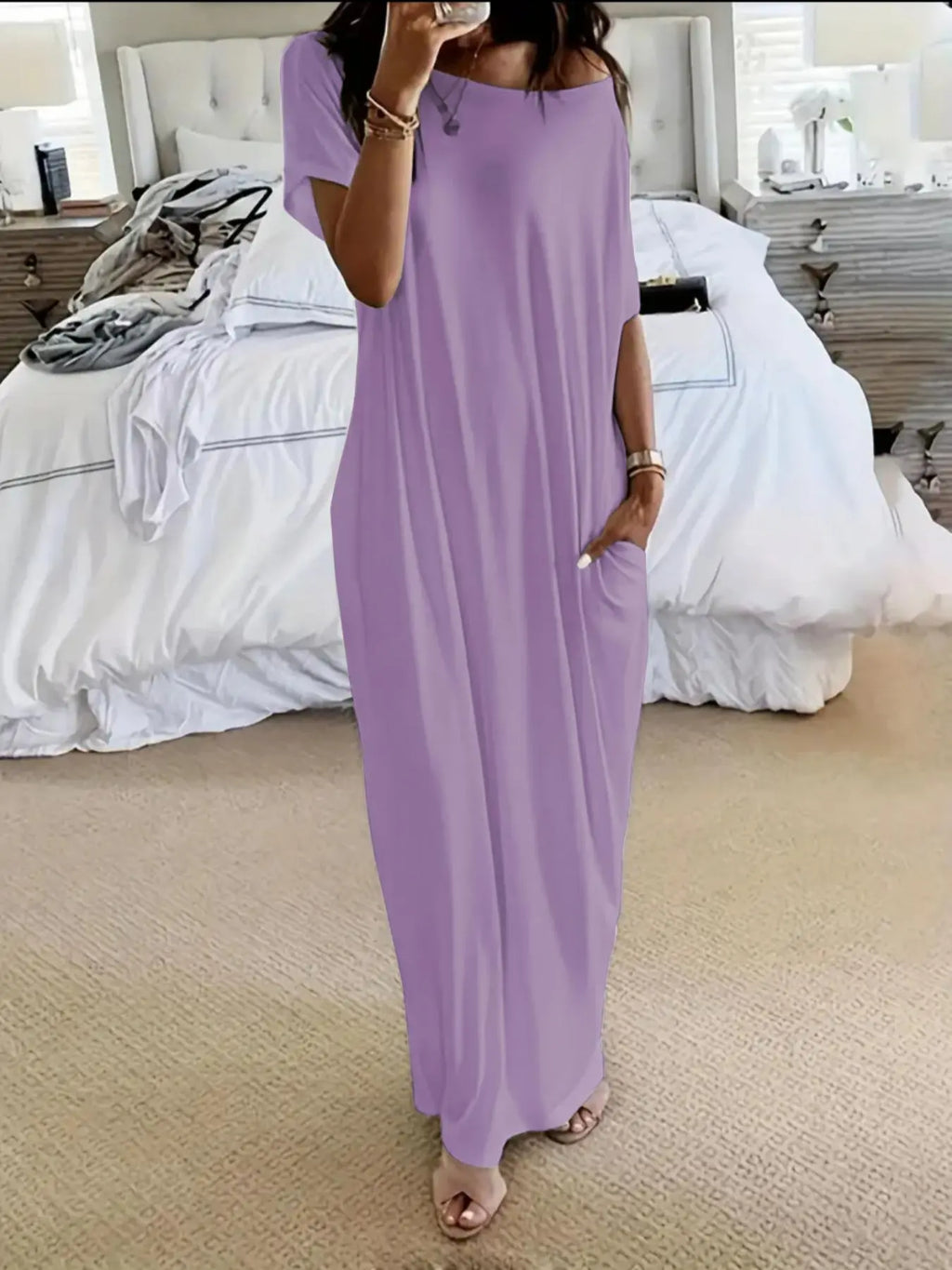 Women's Solid Color Batwing Sleeve Lounge Dress, Casual Short Sleeve Nightdress for Daily Wear & All Seasons Comfort