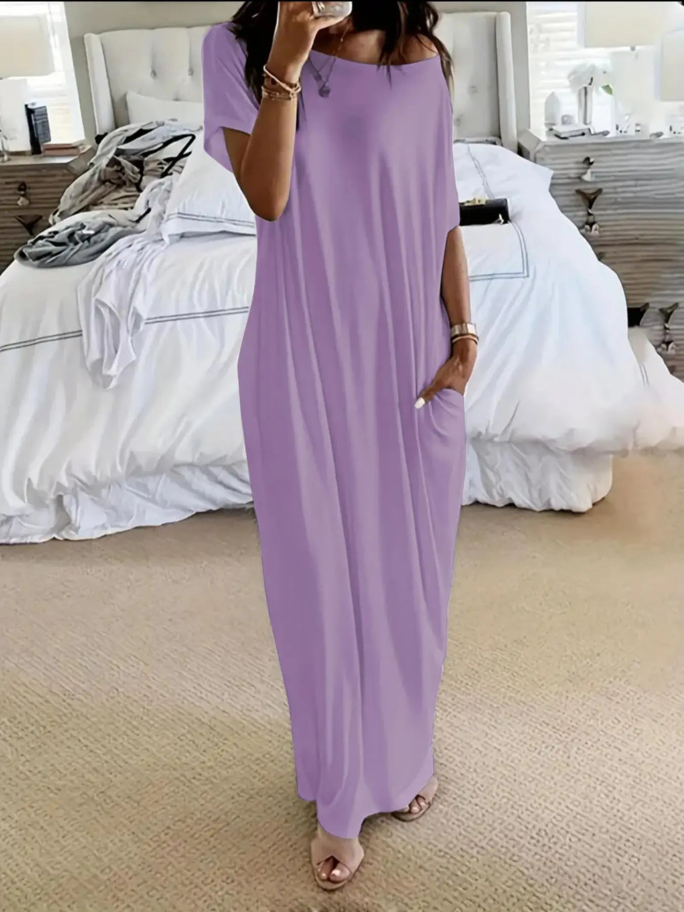 Women's Solid Color Batwing Sleeve Lounge Dress, Casual Short Sleeve Nightdress for Daily Wear & All Seasons Comfort