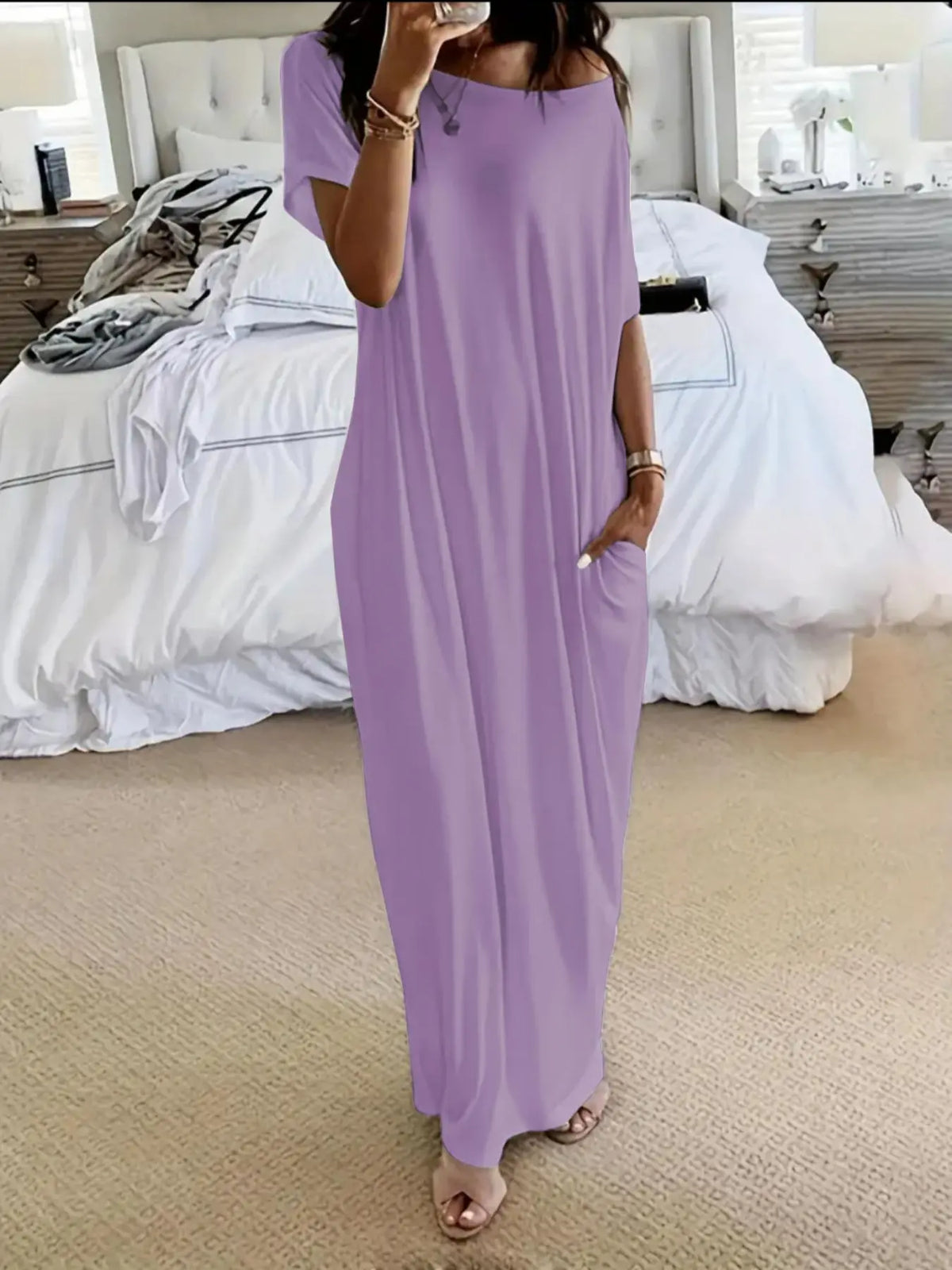 Women's Solid Color Batwing Sleeve Lounge Dress, Casual Short Sleeve Nightdress for Daily Wear & All Seasons Comfort