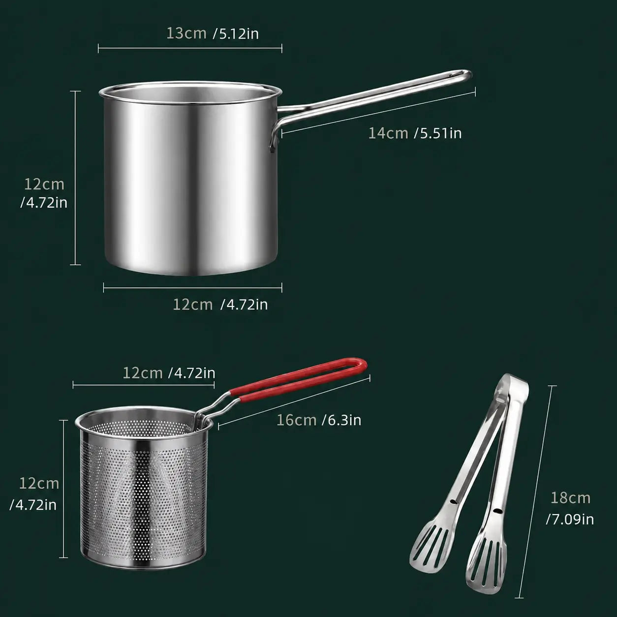 3-Piece Stainless Steel Mini Deep Fryer Set – Portable Pot with Strainer Basket & Food Tongs