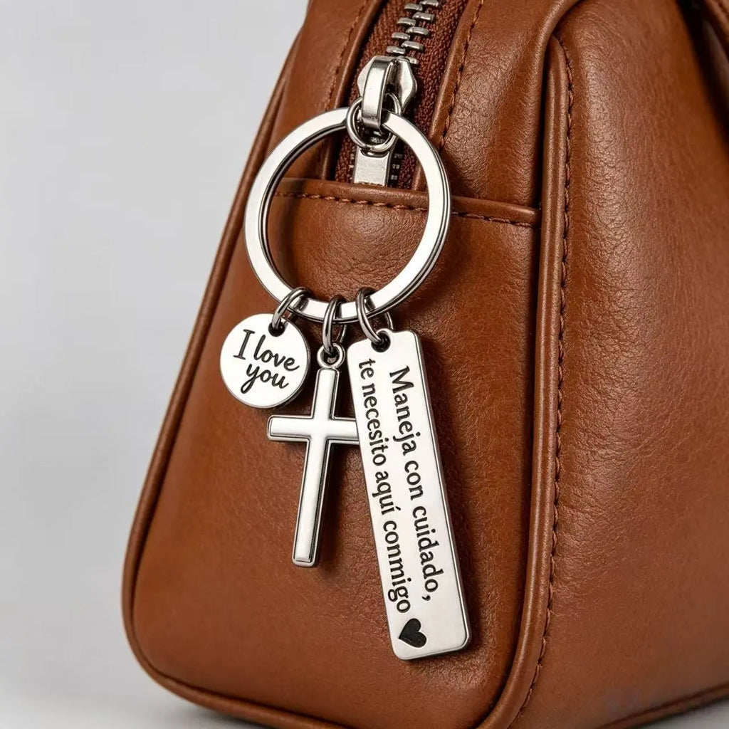 Spanish "Te Necesito Aquí Conmigo" Religious Drive Safe Keyring for Him/Her