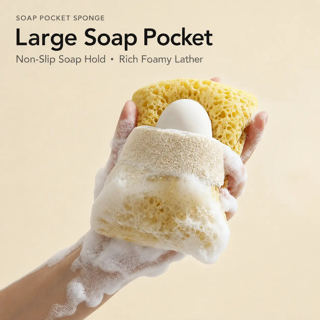 2Pcs Soft Bath Sponge with Soap Pocket, Quick Foaming Shower Scrub Sponge for Smooth Skin & Daily Body Cleaning
