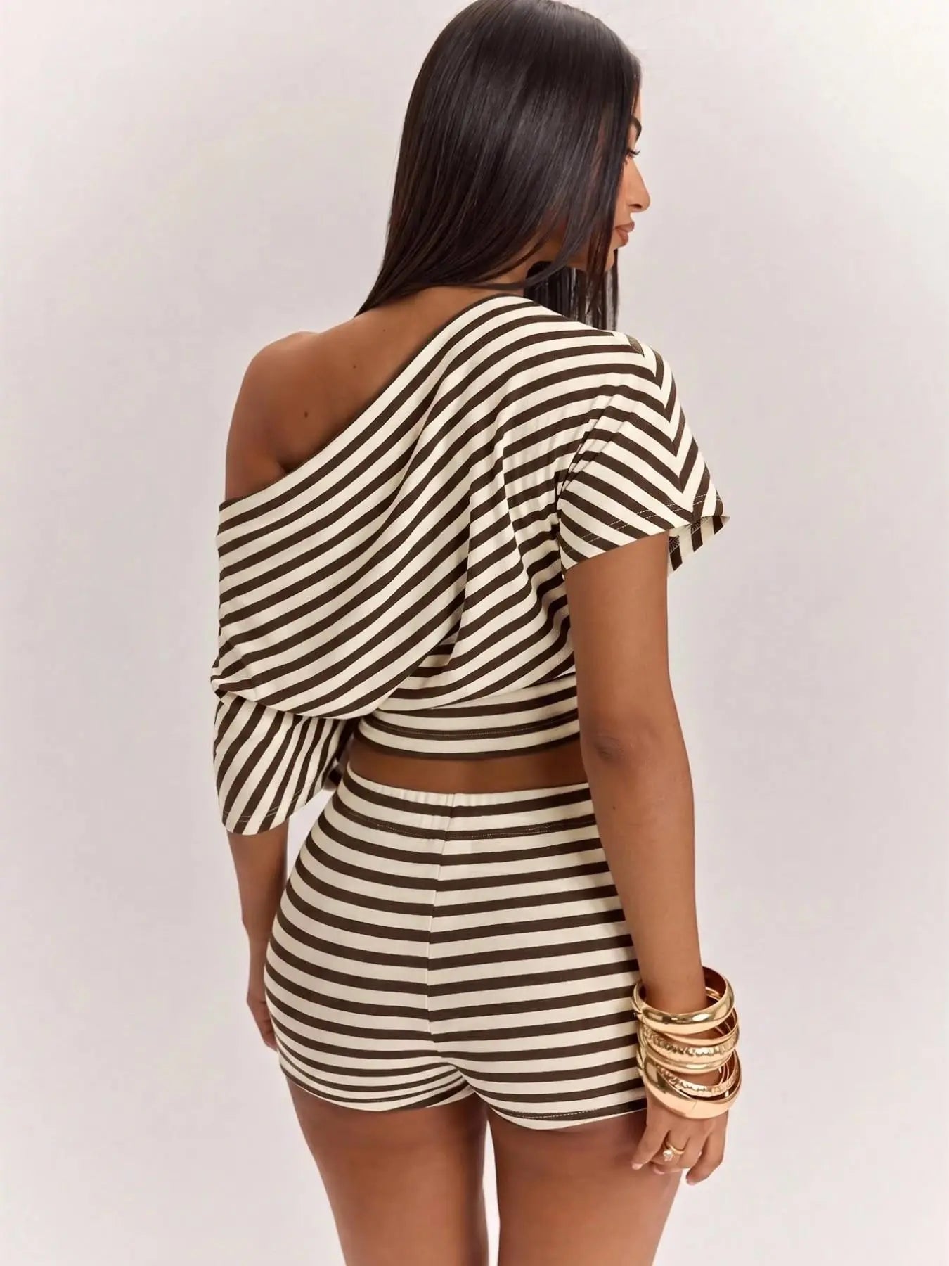 Women's Striped Two-Piece Lounge Set with Off-Shoulder Crop Top & High-Waist Shorts