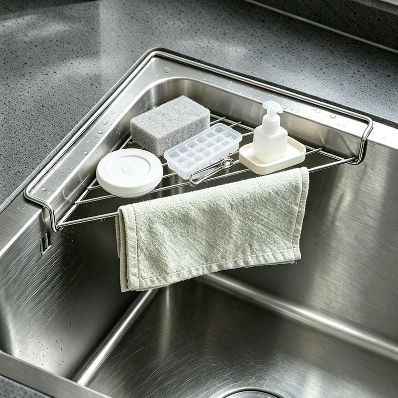 Stainless Steel Corner Sink Shelf with Triangular Open Wire Rack Design, Drainage and Raised Side for Daily Sink Areas Organizer Sponge Holder Cloth Rack Brush Rest Triangular Shelf Open