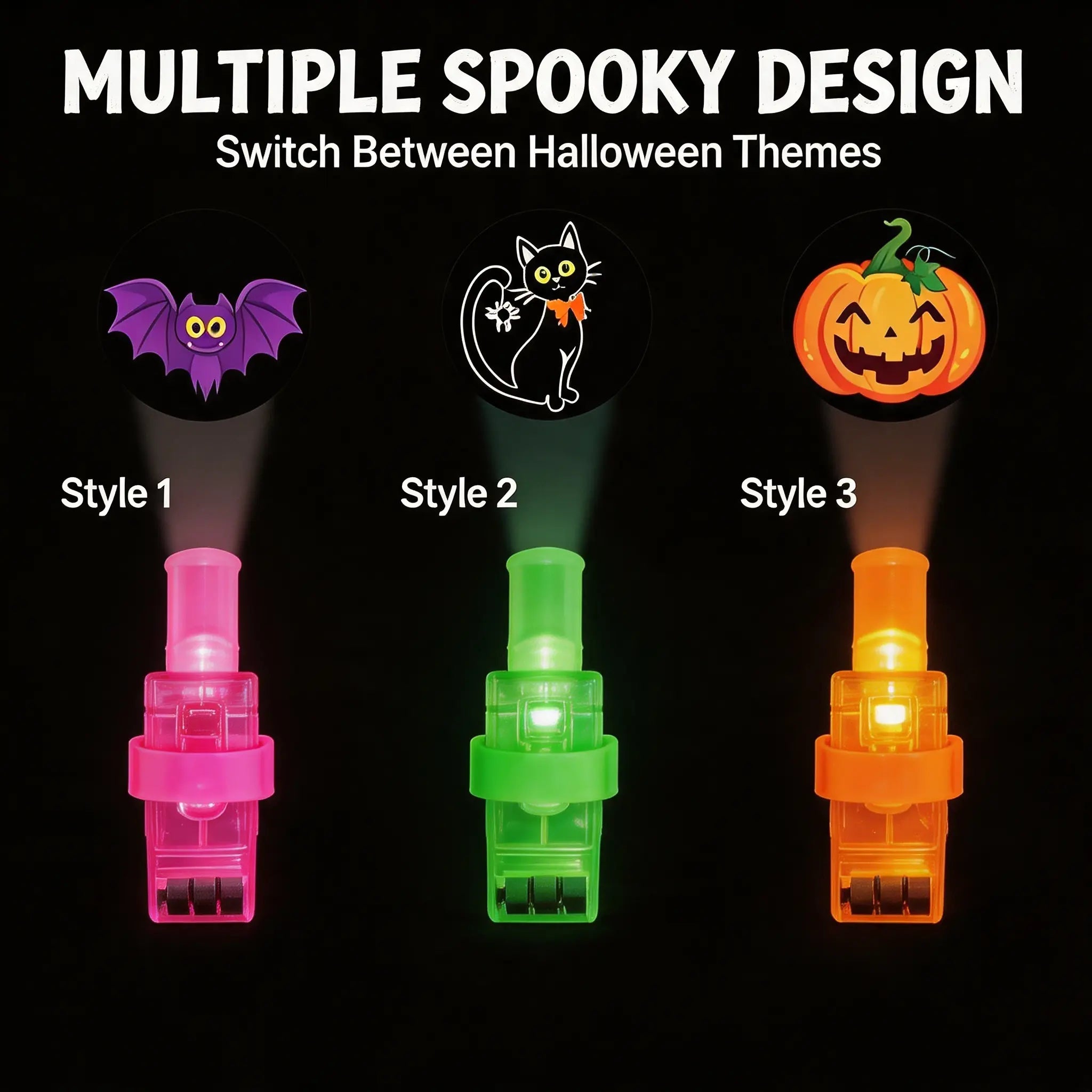 Halloween LED Finger Projector Lights with Pumpkin, Ghost, Witch & Bat Patterns for Trick-or-Treat Bags & Party Decor