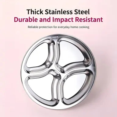 4-Compartment Stainless Steel Divided Plate, Reusable Round Meal Prep Tray for Kitchen, Camping & Picnics
