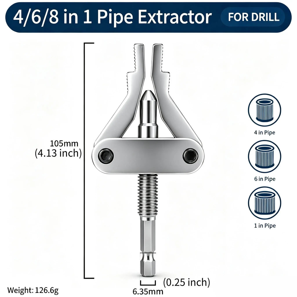 Universal Broken Pipe Extractor with Adjustable Jaws, Hex Shank Removal Tool for 1/2", 3/4" & 1" Pipes, Screws & Faucets