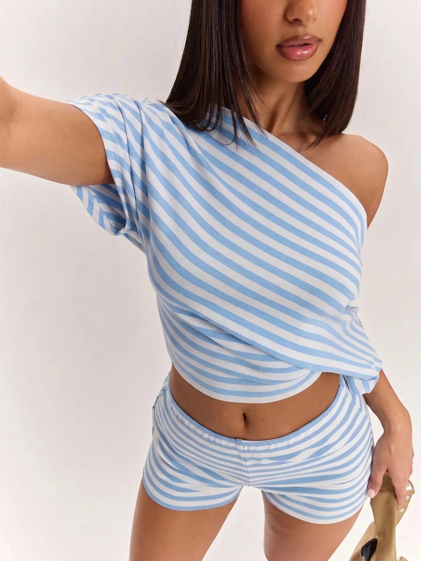 Women's Striped Two-Piece Lounge Set with Off-Shoulder Crop Top & High-Waist Shorts