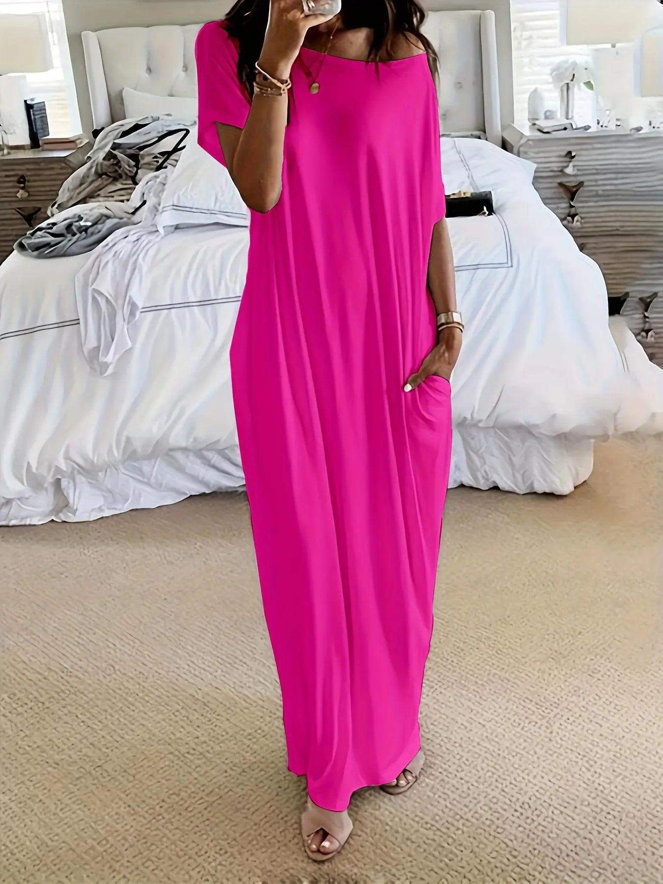 Women's Solid Color Batwing Sleeve Lounge Dress, Casual Short Sleeve Nightdress for Daily Wear & All Seasons Comfort