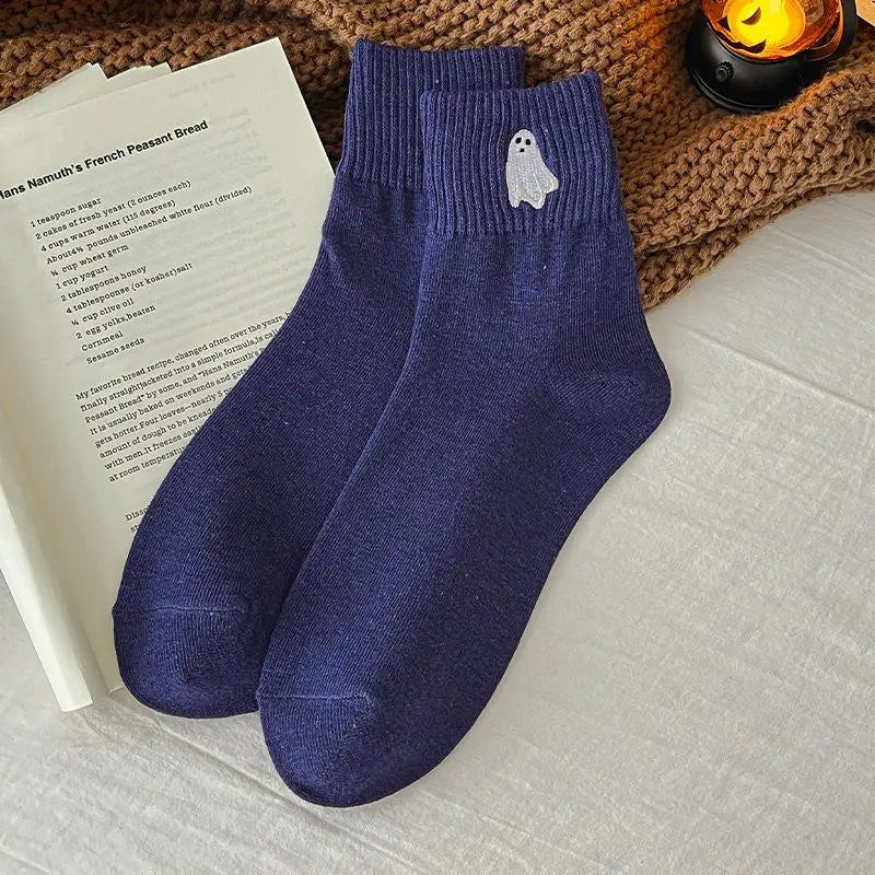 5-Pair Halloween Crew Socks Set, Cozy Mid-Calf Knit Socks with Pumpkin, Ghost & Bat Designs