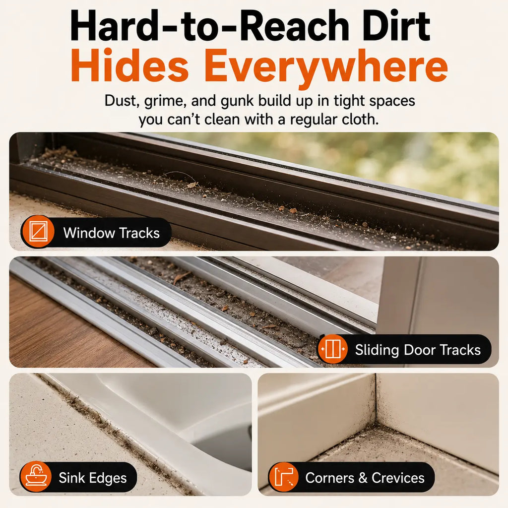 Window Track Cleaner Kit - 2-in-1 Tool with Built-in Scraper, Deep Gap Brush, 2 Replacement Pads for Sliding Doors, Home Cleaning
