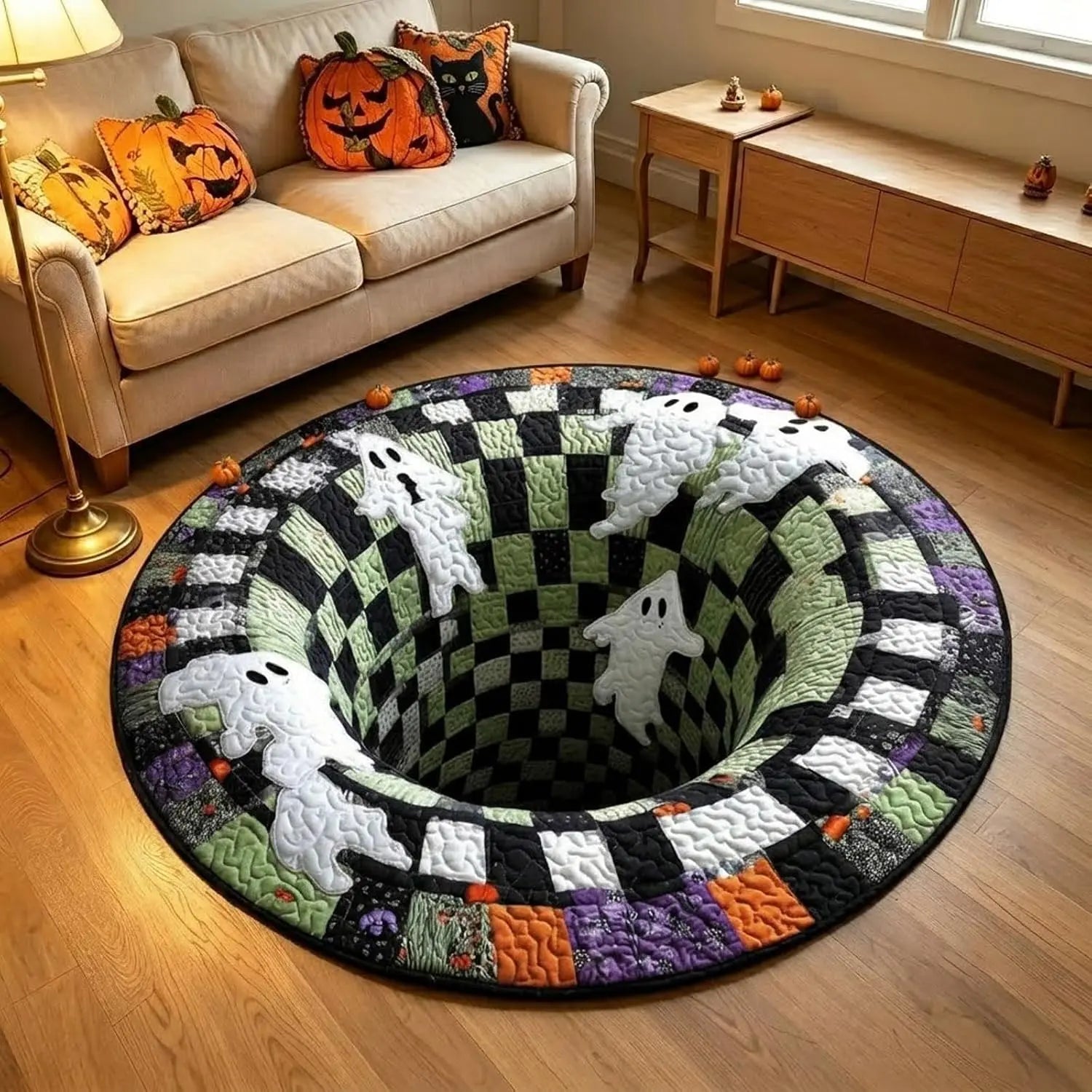 3D Skeleton Vortex Optical Illusion Round Rug, Soft Non-Slip Halloween Mat for Living Room & Indoor Decor