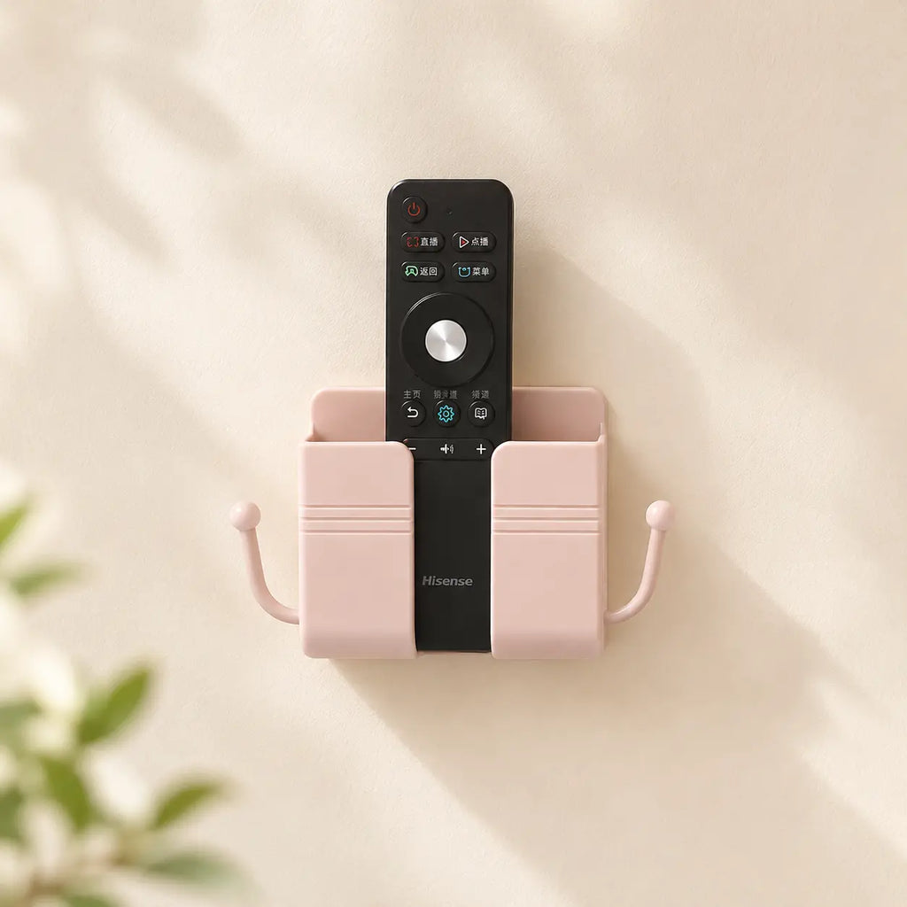 Pink-Self-Adhesive Wall-Mounted Phone Holder & Remote Control Organizer — No-Drill, Multifunctional Wall Storage Rack. Ideal for Bedrooms, Bathrooms, and Kitchens; Holds Mobile Phones (including while charging), TV/AC Remotes, Glasses, and Keys.