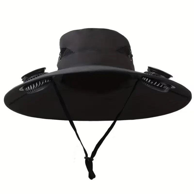 Wide-Brim Solar Fan Sun Hat for Men with Dual Cooling Fans & Adjustable Chin Strap