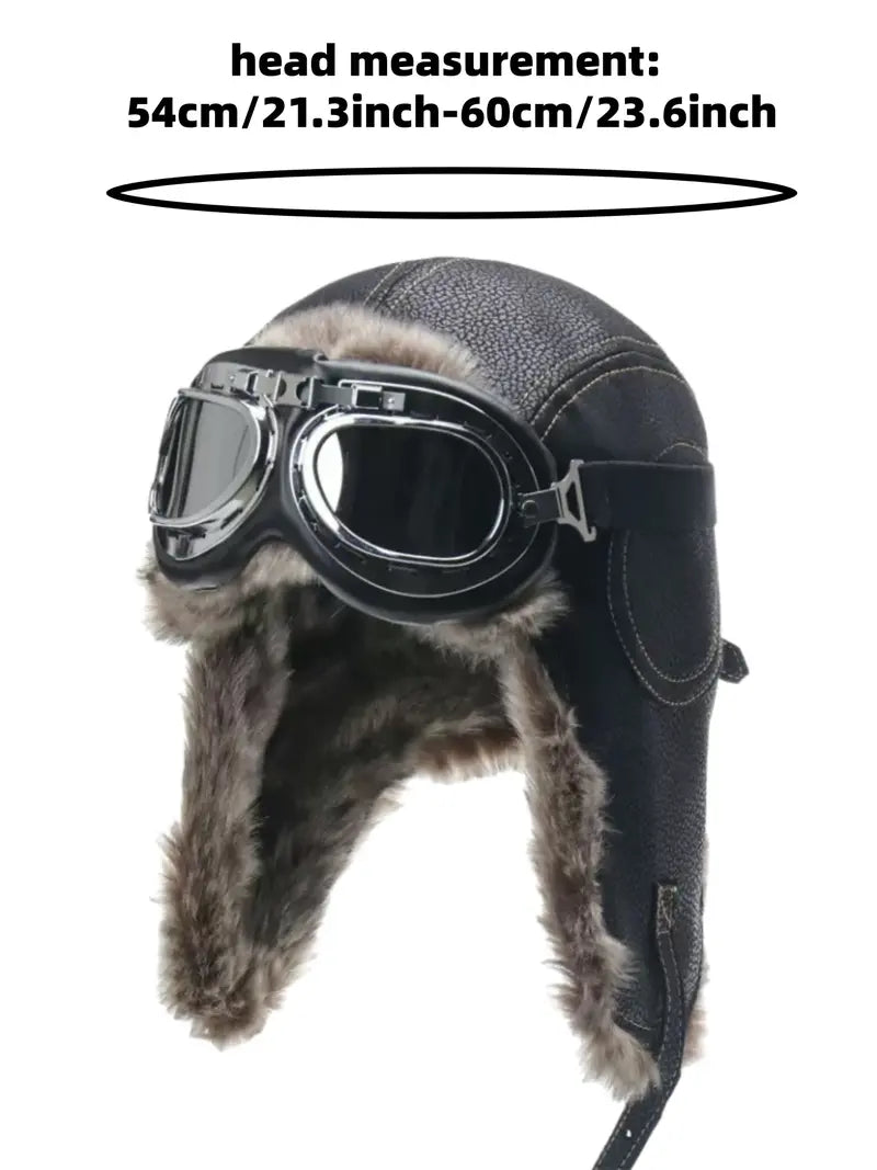 Camel Leather Aviator Hat & Goggles Set with Ear Coverage