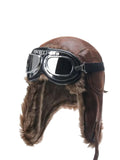 Camel Leather Aviator Hat & Goggles Set with Ear Coverage