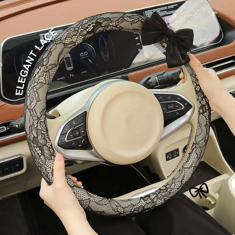 Lace Steering Wheel Cover 15 Inch Diameter Elegant Black with Large Cute Bow-knot Design Aesthetic Car Interior Decoration Non-Slip Universal Fit  for Women men