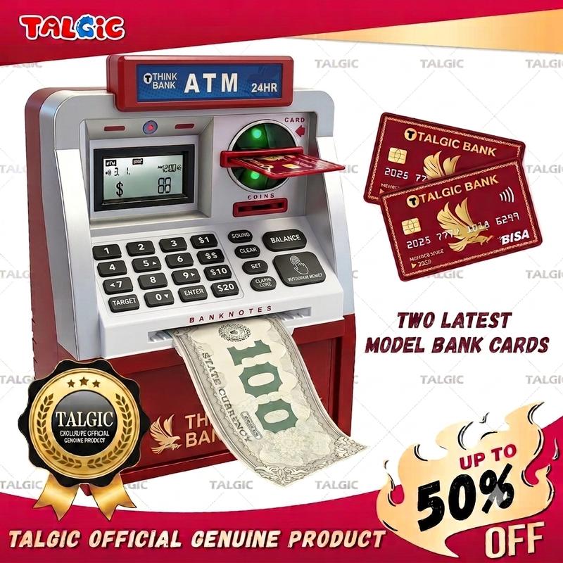 Kids ATM Piggy Bank with Password, Coin & Bill Savings Toy with Keypad & Cards for Birthday Gifts
