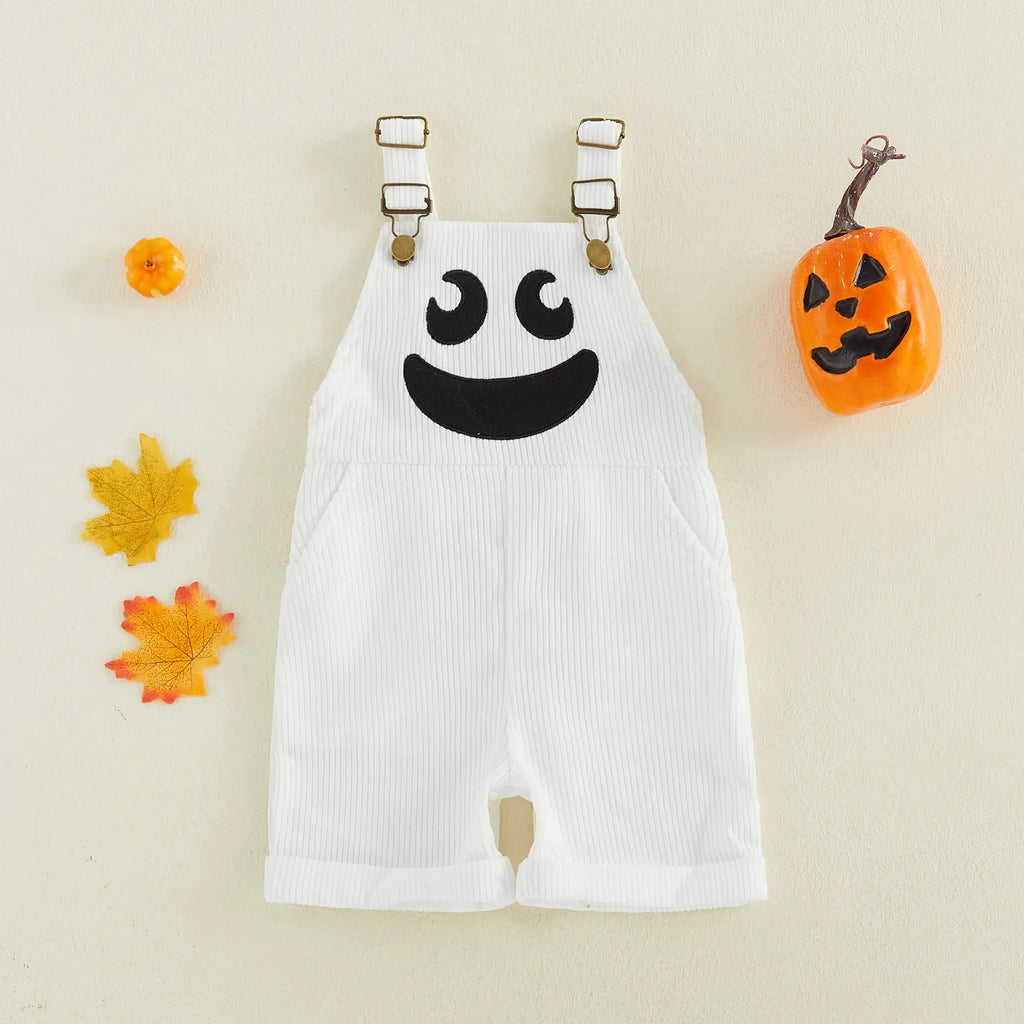 Toddler Baby Little Boy Girl Halloween Overalls with Pockets Ribbed Devil Face Pattern Sleeveless Jumpsuit 1-5 Years