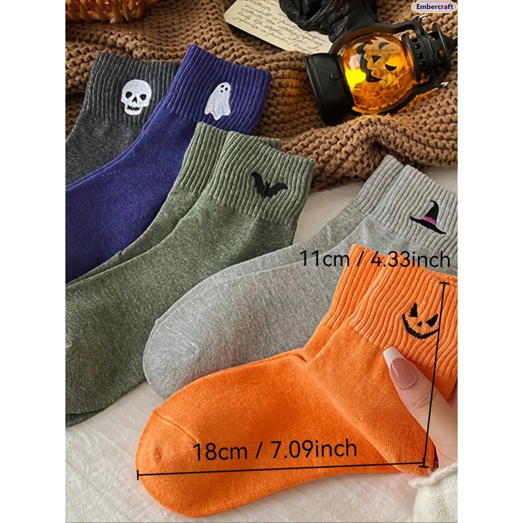 5-Pair Halloween Crew Socks Set, Cozy Mid-Calf Knit Socks with Pumpkin, Ghost & Bat Designs