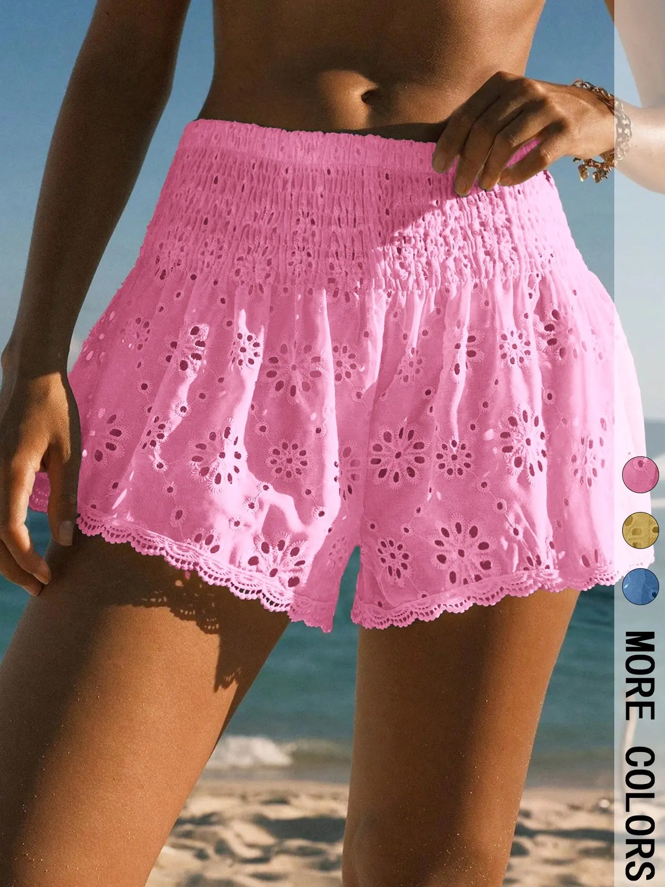 Women's Floral Eyelet Embroidered Shorts with Smocked Waist, Lace-Trim Hem & Fully Lined Loose-Fit Beach Style