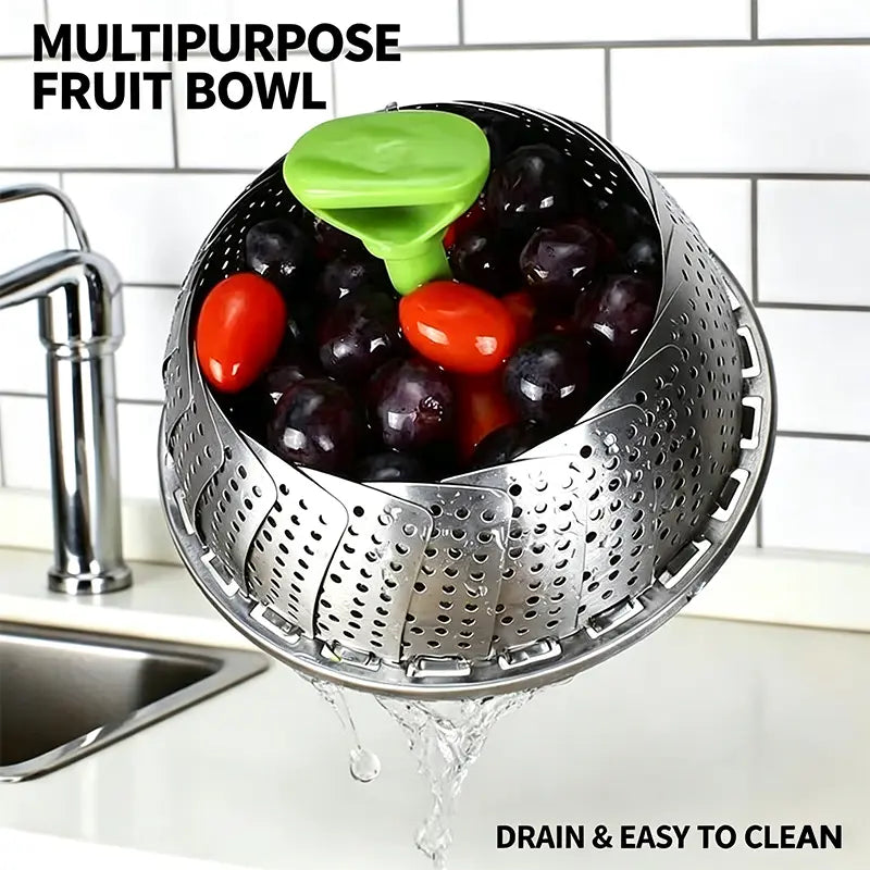 Expandable Stainless Steel Steamer Basket with Extendable Handle, Folding Insert for Various Pot Sizes