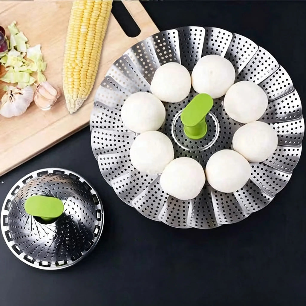 Expandable Stainless Steel Steamer Basket with Extendable Handle, Folding Insert for Various Pot Sizes